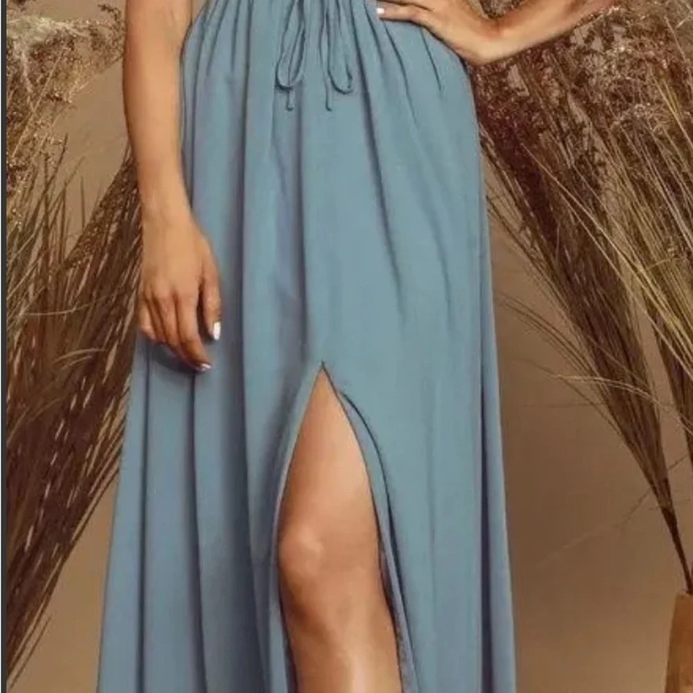 Lulu's Blue Ruffled Tie Front Midi Dress - Picture 2 of 10